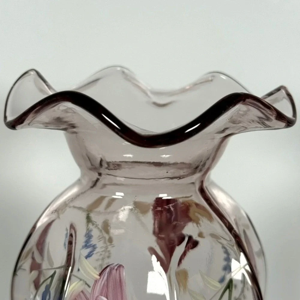 Fenton Amethyst Glass Floral Vase Hand Painted Ruffled Rim 9